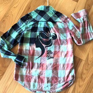 Bleached Flannel Shirt, Size Small: Upcycled Hand Painted Ombre Plaid Top